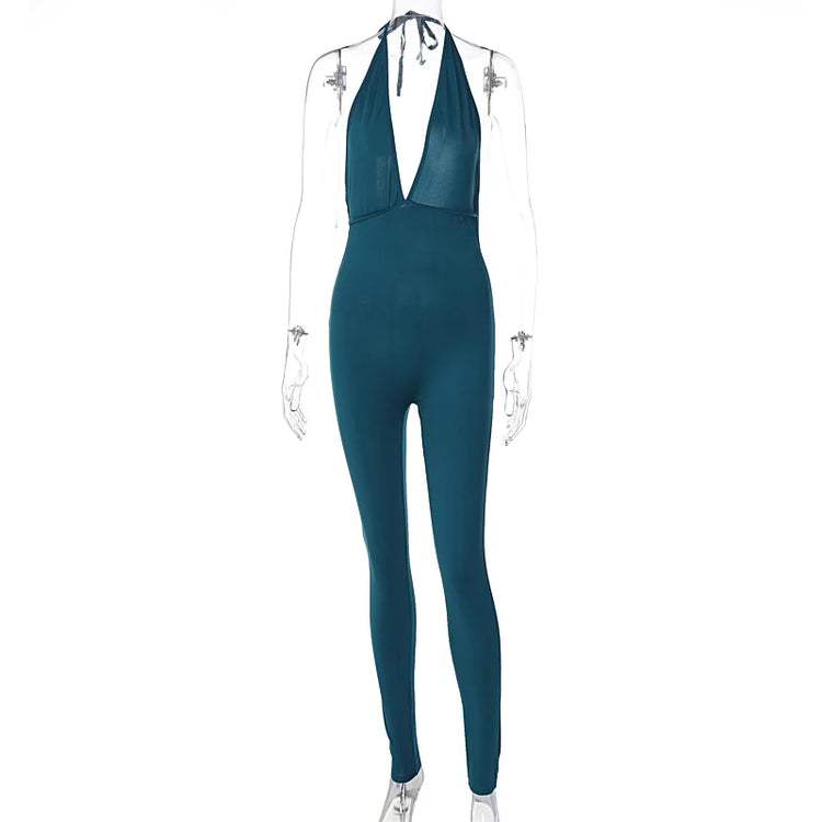 DGLUKE Halter Neck Backless Sexy Bodysuit Jumpsuits For Women Deep V-Neck Push Up Sports Jumpsuit Overalls Tight Summer Playsuit