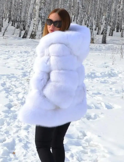 Fashion Winter Women Imitation Fox Fur Jacket Hooded Loose Long Sleeves Female Eco Fur Coat Patchwork Plush Thick Lady Fur Coat