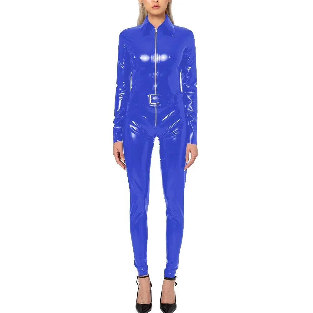 Plus Size Faux Latex Catsuit Elastic PVC Leather Zipper Long Sleeve Jumpsuit Tight Sexy Cosplay Rompers Ankle-length Club Zentai