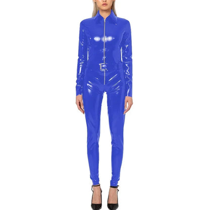 Plus Size Faux Latex Catsuit Elastic PVC Leather Zipper Long Sleeve Jumpsuit Tight Sexy Cosplay Rompers Ankle-length Club Zentai