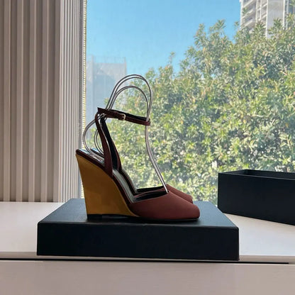 Ankle Strap Patent Leather Peep Toe Summer Women Sandals Wedges High Heel Buckle Strap Design Large Size Fashion Show Shoes