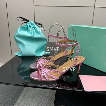 Women Crystal Rhinestone High Heel Sandals 2026 Summer New Toe Ankle Strap Thin Heels Transparent Silver Party Wedding Shoes