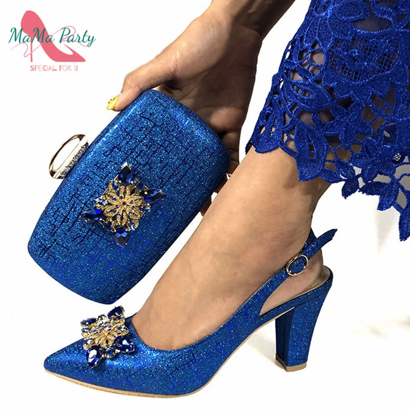 The US for Duty Free  Specials Design Nigerian Women Shoes Matching Bag Set in Royal Blue Color Italian Ladies Pumps for  Party