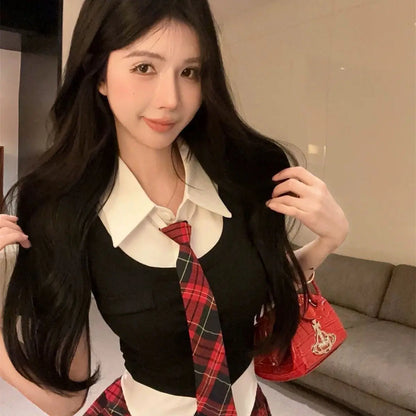2025 korean style polo collar short-sleeved tops high-waisted jk plaid short skirts 2 piece summer girls  school uniform jk set