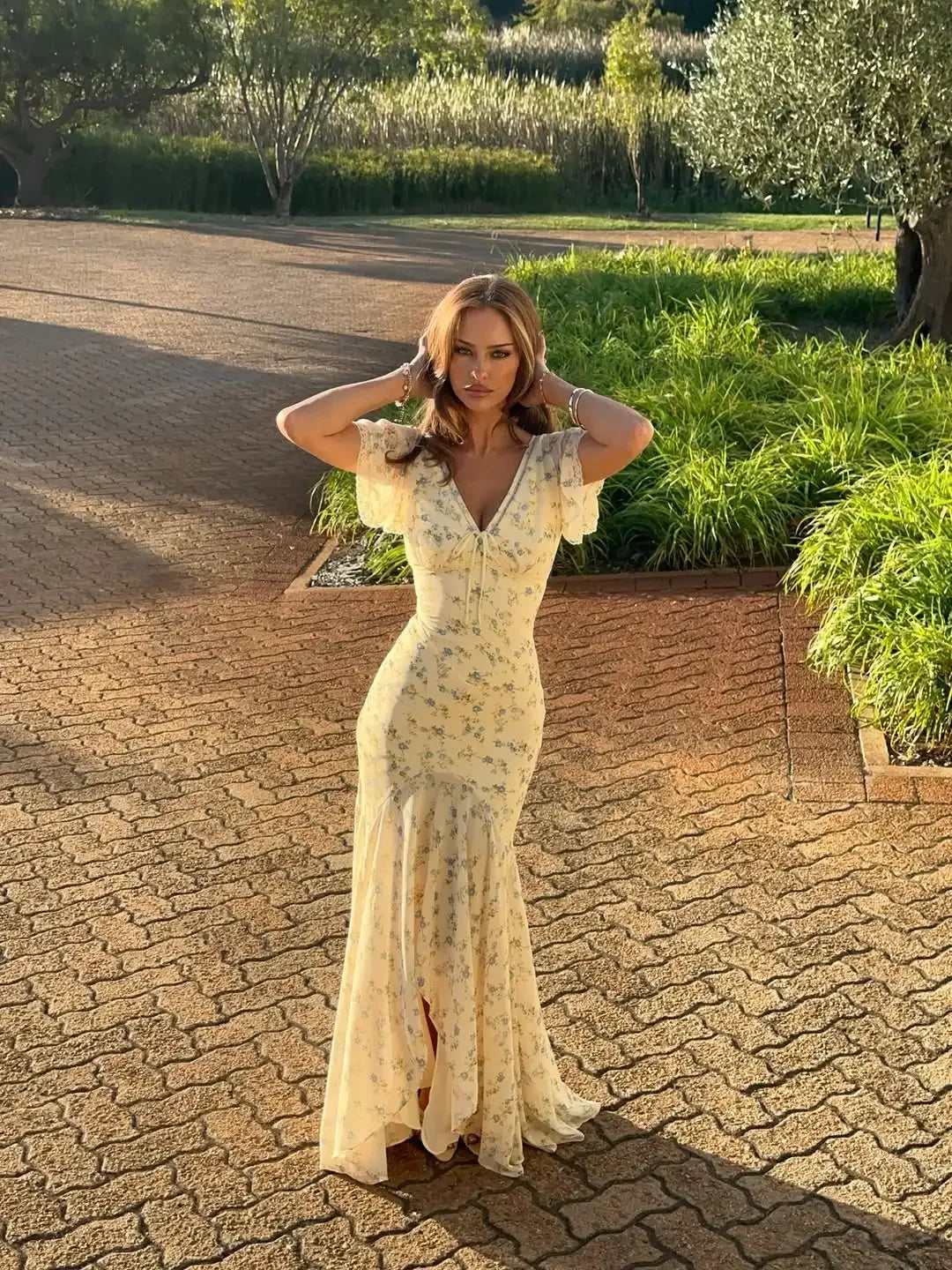 Fashion V-neck Floral Women Maxi Dress Flutter Sleeve Lace Trim High Waist Chiffon Vestidos Summer Female Daily Vacation Dresses