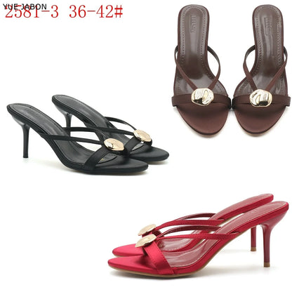 Red Satin Sexy Thin Heel Slippers Women Metal Buckle Open Toe Slides Ladies Concise Black Luxury Brand High Heels Dress Shoes