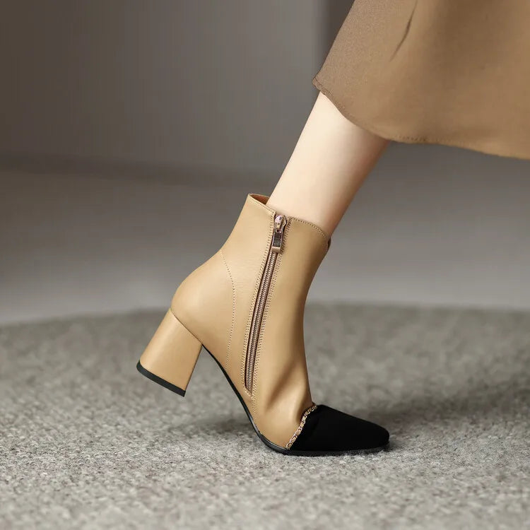 LeShion Of Chanmeb Natural Genuine Leather Boots Luxury Brand Designer Mix-color Kid Suede Ankle Boot Ladies Autumn Winter Shoes