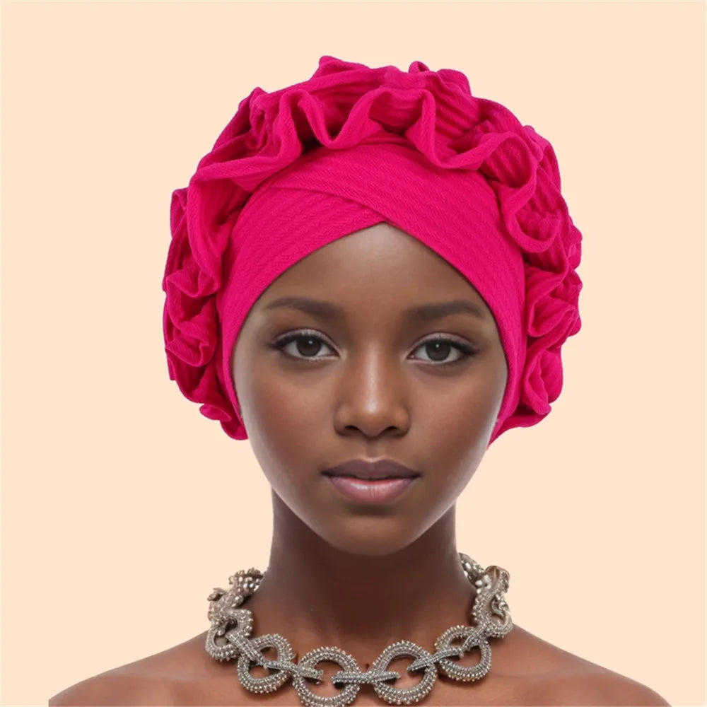 Ruffled Turban Cap Women's Head Wraps Soft Comfortable Headscarf Bonnet Lady Soild Color Headgear