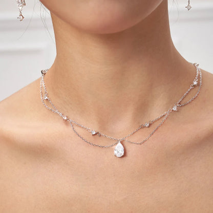 Luxury Sterling Silver Double-Deck Water Droplet Shape Women Choker AAA Zircon Chain Necklace Fine Jewelry Wedding Party Gift