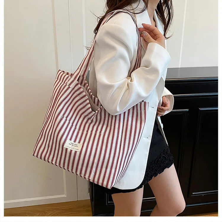 Contrast Color Stripes Women Shoulder Bags Versatile Ladies Large Capacity Tote Bag Lightweight Portable Female Shopping Handbag