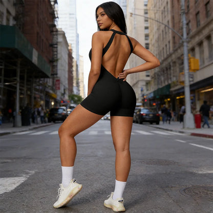 Sport Jumpsuits Women Short Yoga Overalls Gym Clothing Zipper Backless One Piece Suit Fitness Jumpsuit Sexy Workout Bodysuit