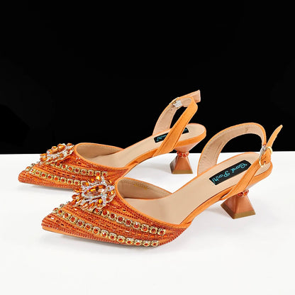 Queena Yan 2025 Italian Style Pointed Toe Rhinestone High Heels and Gold Wedge Bag Set - Elegant Ladies Party Women Shoes Heel