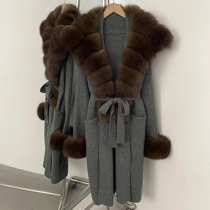 OFTBUY Fashion Warm Belt Real Fox Fur Cardigan New Natural Fur Collar Long Knit Jacket Women Atrumn Winter Top Clothing Female