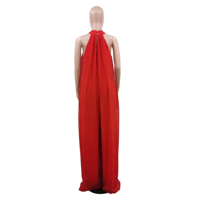 2026 New Women's Solid Chiffion Loose Halter Jumpsuits Sexy Backless Wide Leg Pants Rompers Fashion Party Elegant Women Clothing