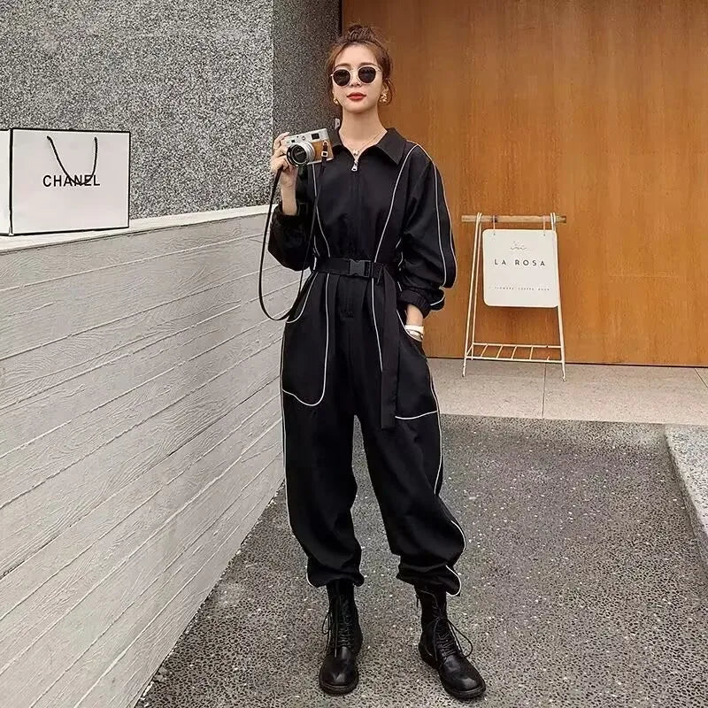 Haren Style Jumpsuit For Women Spring Autumn New Safety Reflective Strip Loose Tied Foot Rompers Set Female Casual Overalls