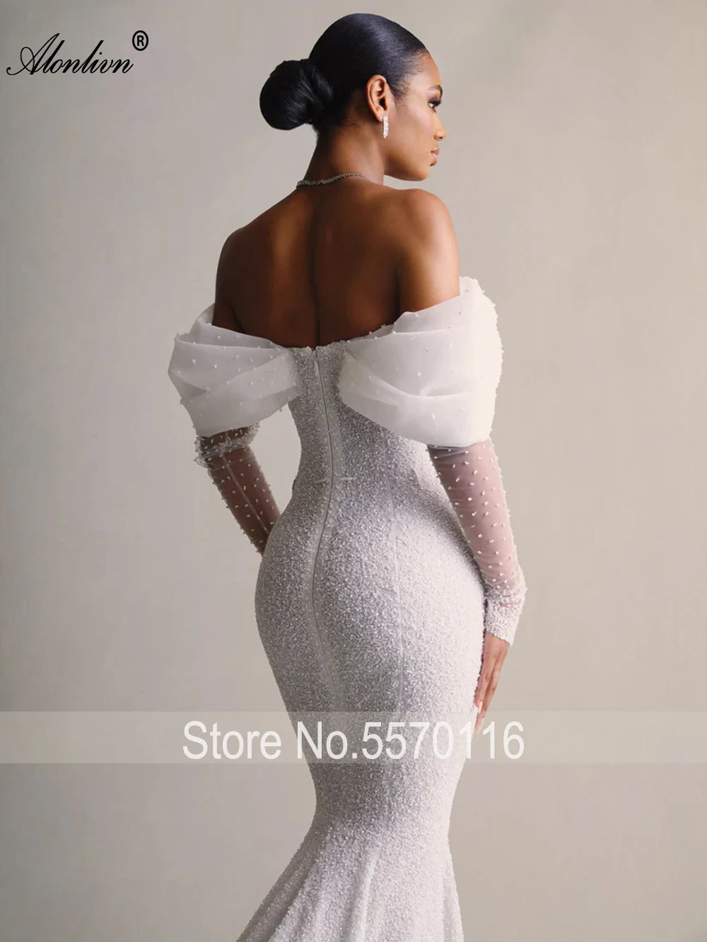 Alonlivn Custom Made Shiny Beading Pearls Mermaid Wedding Dresses Off-the-Shoulder Sleeves Removable Train 2 In 1 Bride Gowns