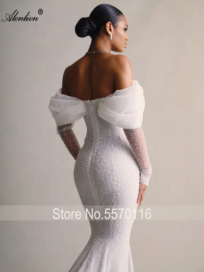 Alonlivn Custom Made Shiny Beading Pearls Mermaid Wedding Dresses Off-the-Shoulder Sleeves Removable Train 2 In 1 Bride Gowns