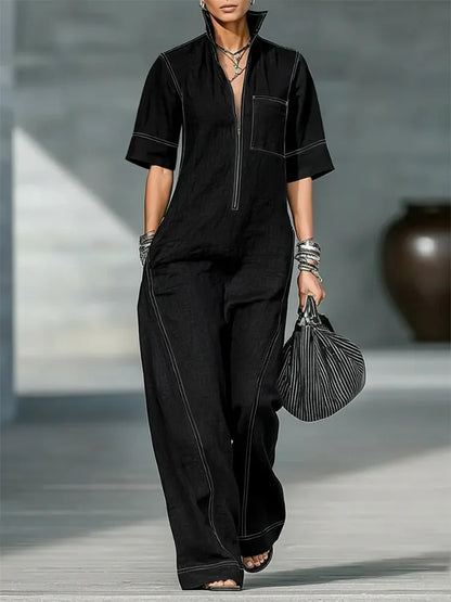 Yeezzi Women Vintage Contrast Stitch Wide Leg Jumpsuits 2026 New Half Sleeves Loose Zipper Pockets Casual Office Ladies Overalls
