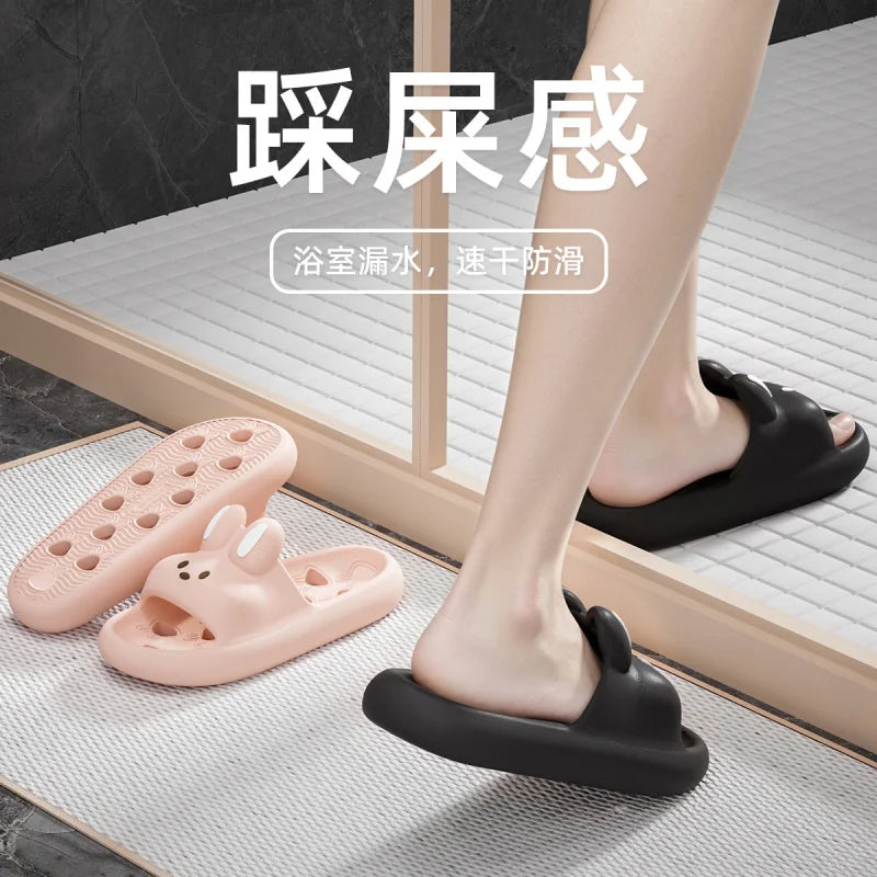 Cute Cartoon Rabbit Indoor Bathroom Slippers For Men Women Summer House Shoes Soft EVA Leaking Style Lovers Home Shower Slides