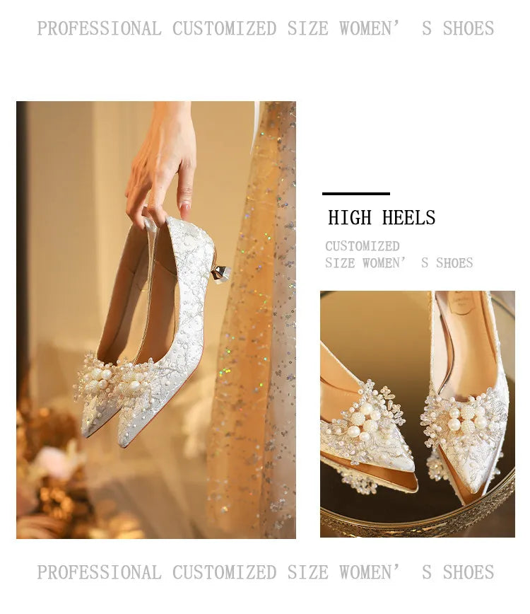 New Designer Low Heel Wedding Shoes Luxury Pearl Water Diamond Decoration Banquet Women's Shoes High Heel Women's Singles Shoes