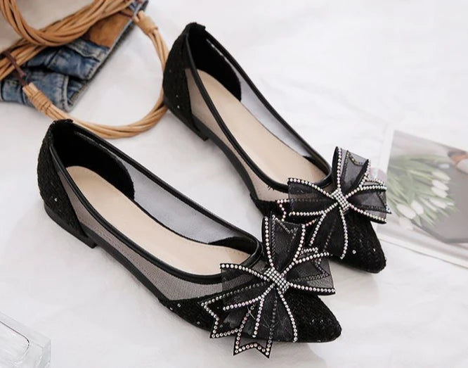 Women's Flat Mesh Shoes Diamond with Bow Pointed Toe Ladies Footwear Casual Non Slip Luxury Brand Elegant and Fashionable Y2k On