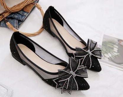 Women's Flat Mesh Shoes Diamond with Bow Pointed Toe Ladies Footwear Casual Non Slip Luxury Brand Elegant and Fashionable Y2k On
