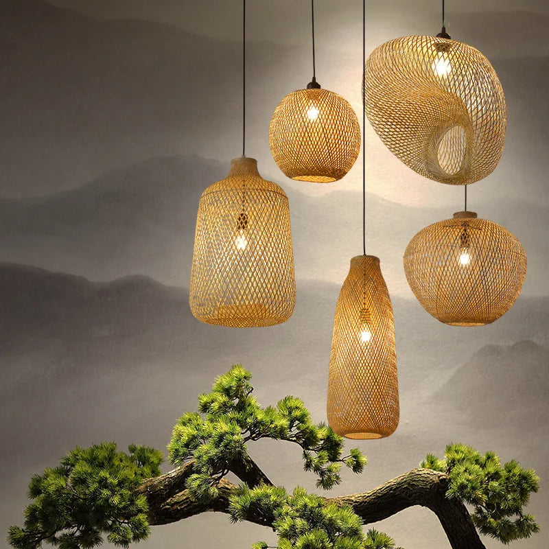 2025 Newest Bamboo Pendant Lamps Ceiling Lights Rattan Wicker Lustre Hand Knit Braiding Suspended Home Dining Braided Decor Hot