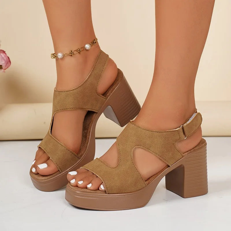 High Heeled Sandals Women's 2025 Summer Thick Heeled Platform Sandals Women's Fishmouth One-Word Buckle One-Word Gladiator Shoes