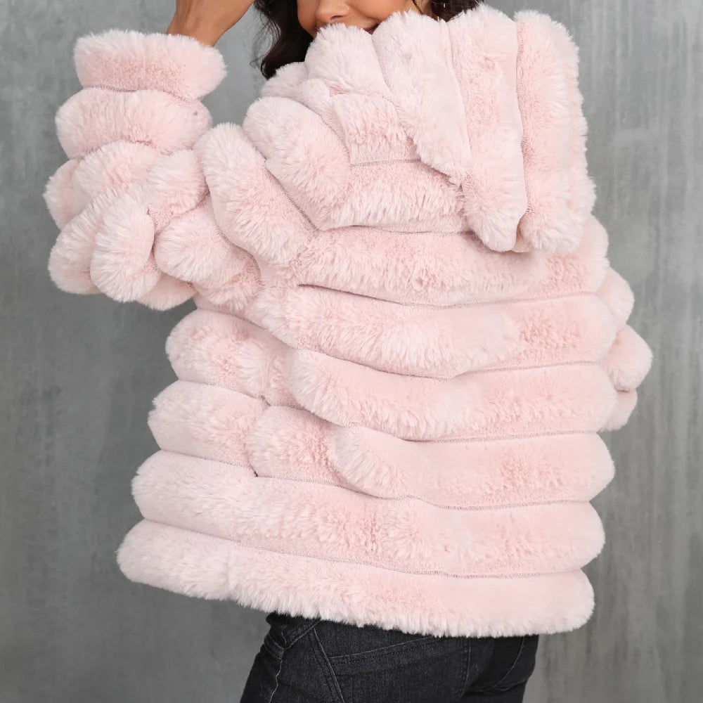 2026 Winter Hooded Plus Size Faux Fur Cropped Coat Women Furry Long Sleeve Plush Jacket Lady Large Fake Fur Warm Fluffy Cardigan