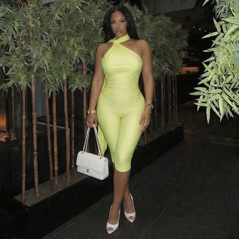 FAGADOER Sexy Halter Bandage Backless Jumpsuits Women Hip Ruched Skinny Rompers Overalls Party Slim Party Nightclub Playsuits