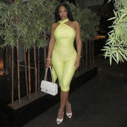 FAGADOER Sexy Halter Bandage Backless Jumpsuits Women Hip Ruched Skinny Rompers Overalls Party Slim Party Nightclub Playsuits
