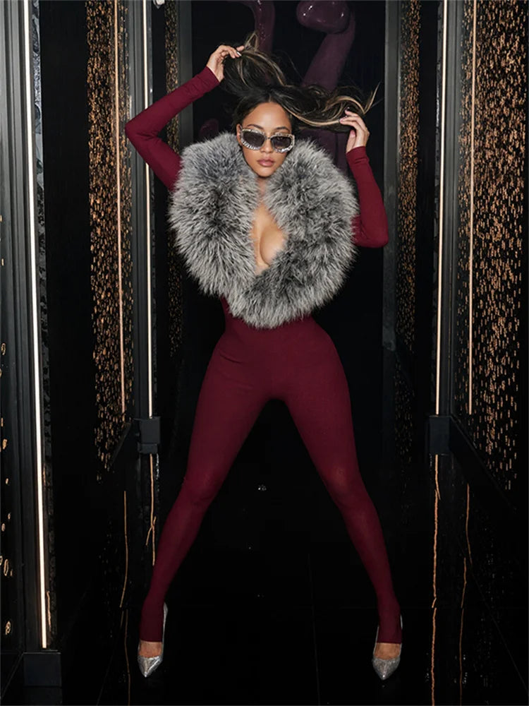 Weird Puss Furry Deep V-Neck Jumpsuits Woman Hipster Patchwork Trend Sexy Stretch Fitness Club Activity Luxury Midnight Overalls