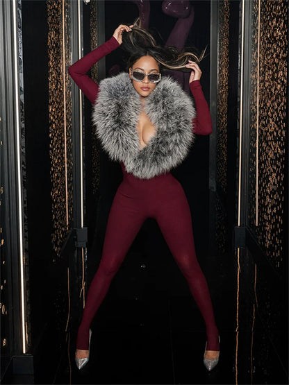 Weird Puss Furry Deep V-Neck Jumpsuits Woman Hipster Patchwork Trend Sexy Stretch Fitness Club Activity Luxury Midnight Overalls