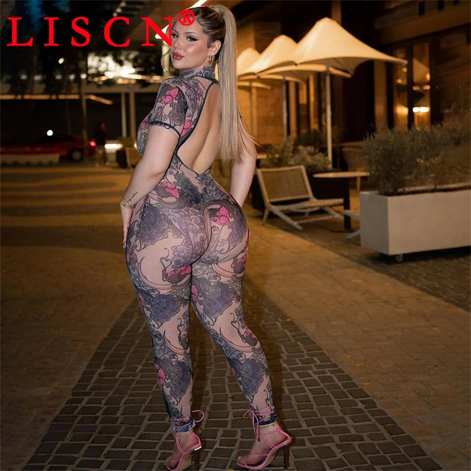 10 Wholesale Items Jumpsuits Women Summer 2025 Short Sleeve Bodycon Sexy Y2k Printing Mesh See Through Backless Rompers K15151