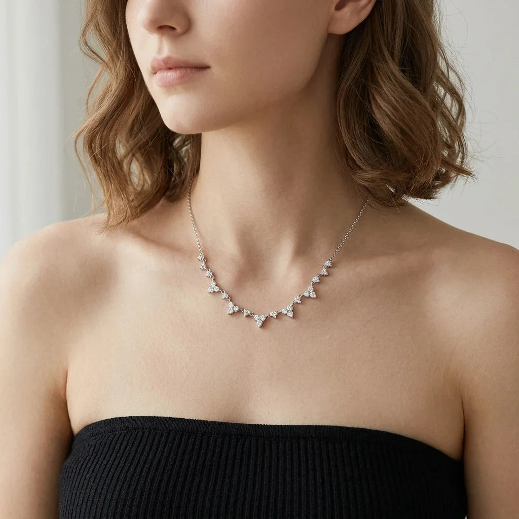 EWYA Floral Cluster Scatter Station Moissanite Necklace S925 Silver V‑Curve Smile Stackable Collarbone Neck Chain Women Gift