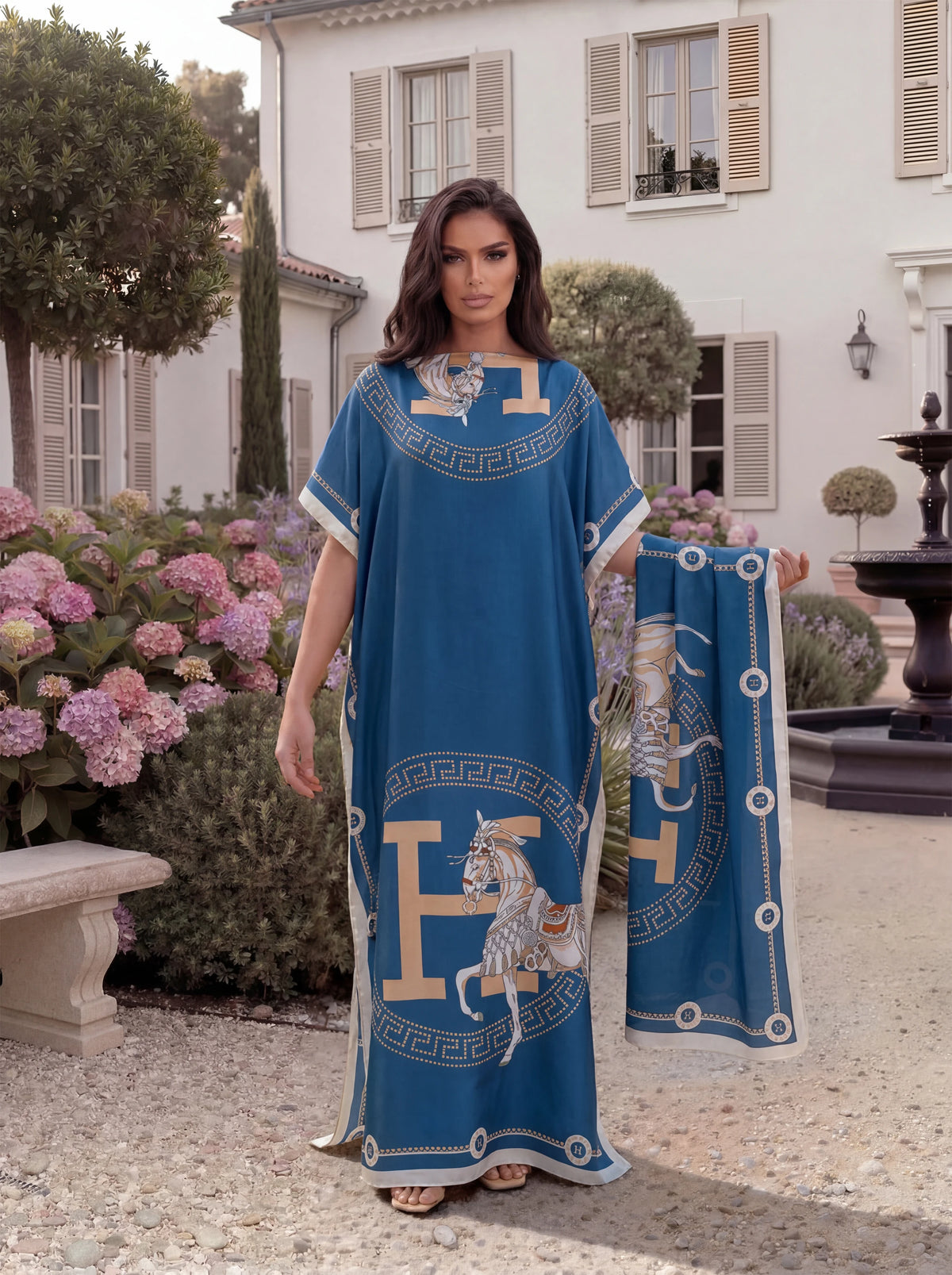 Luxury Horse Letter Print Satin Abaya Scarf Set, Loose Batwing Maxi Kaftan for Muslim Women Summer Beach Holiday Wear
