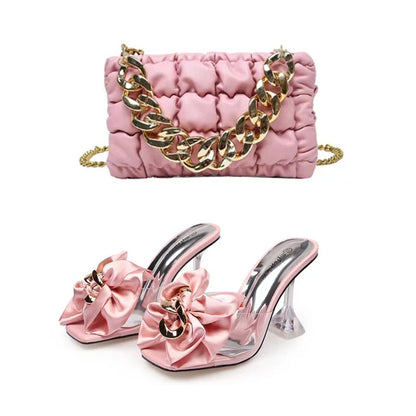 2026 New Style Designer Luxury Ladies Slippers Shoes Bag Set High Quality Women Pumps Chain Sandals Shoes Purse Set Black Heels