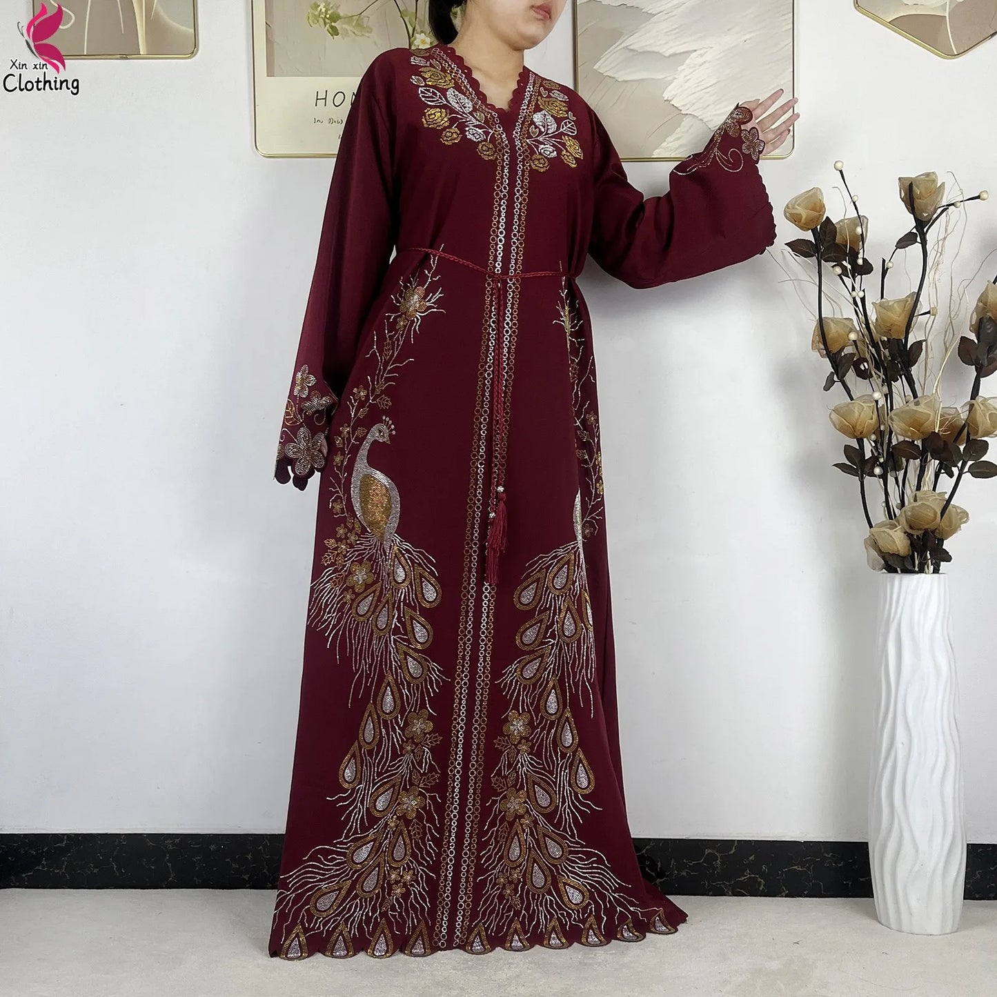 2026New Dubai Muslim Women Modest Dress Diamond Chiffon Elegant Arabic Femme Hijab African Abaya Islamic Long Sleeve Turkey Robe
