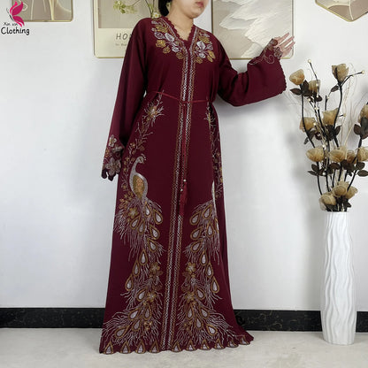 2026New Dubai Muslim Women Modest Dress Diamond Chiffon Elegant Arabic Femme Hijab African Abaya Islamic Long Sleeve Turkey Robe