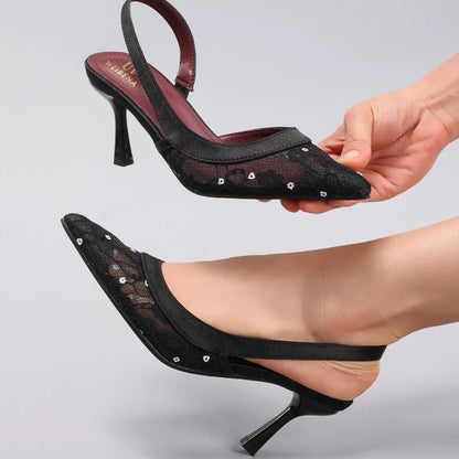 Elegant Lace Mesh High Heeled Sandals Women Luxury Bling Back Strap Brand Designer Shoes Fashion Pointy Toe Party Dress Shoes