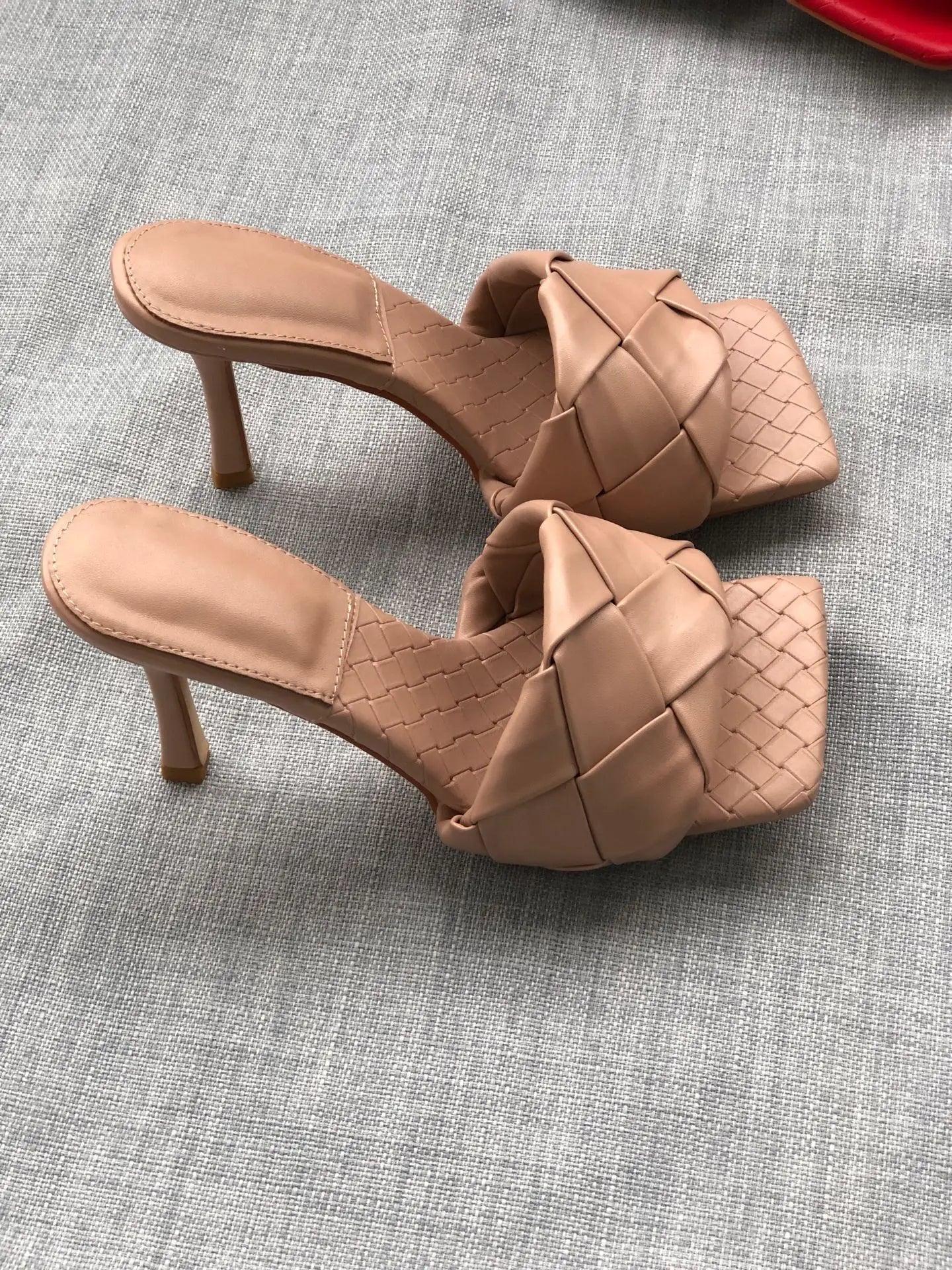 New 2026 Summer Fashion Women's Slippers PU Leather Square Toe Sandals for Women Fluorescent Yellow Fine Heel Ladies High Heels