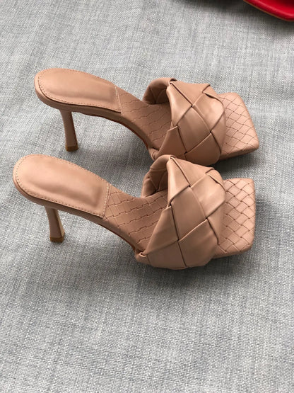New 2026 Summer Fashion Women's Slippers PU Leather Square Toe Sandals for Women Fluorescent Yellow Fine Heel Ladies High Heels