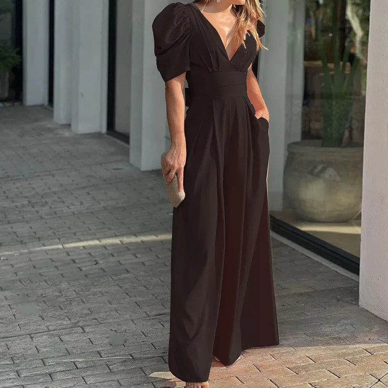 Summer Women's Slim Short Puff Sleeve V-neck Wide Leg Long Jumpsuit Elegant High Waist Ruched  Pocketed Solid color jumpsuits