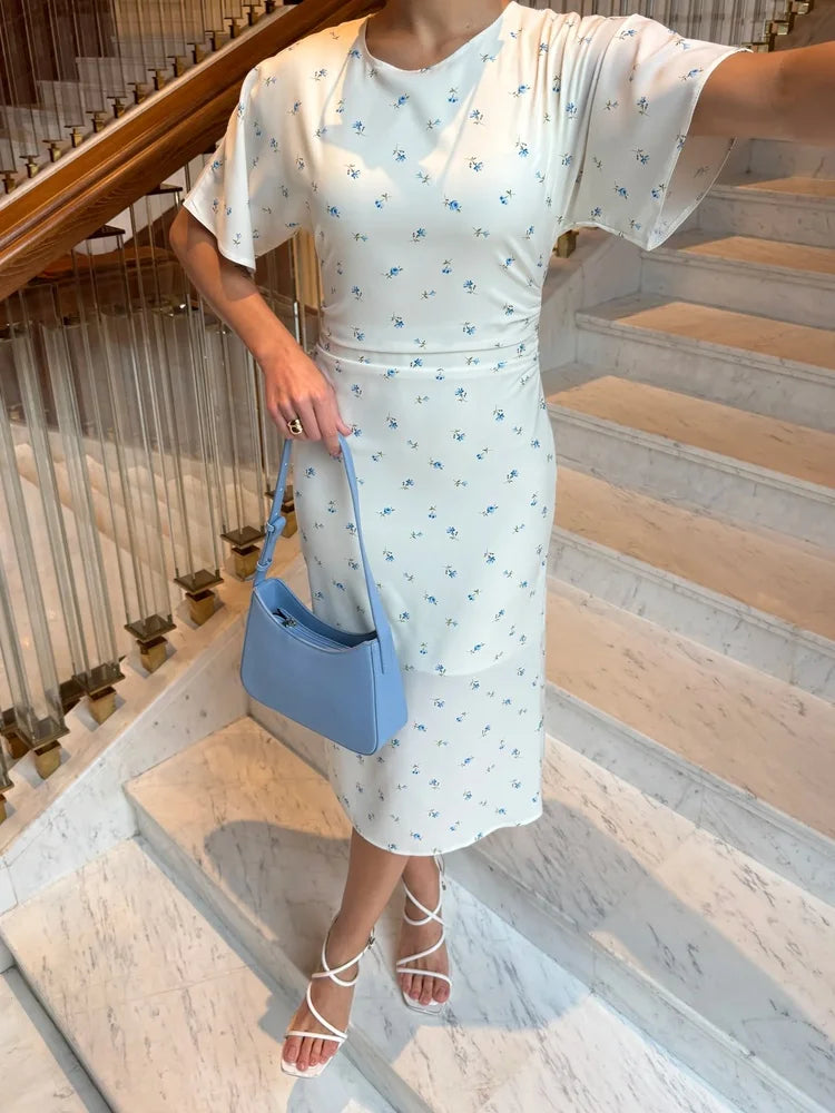 Tossy Floral Print Midi Dress Ruched Dress Round Neck Short Sleeve Fitted Waist Small Flower Print Bodycon Party Clubwear Dress