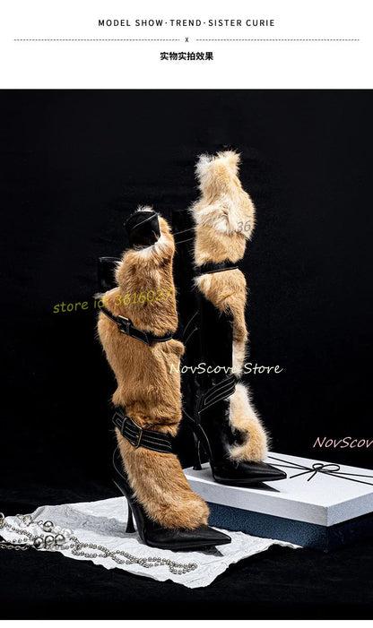 Pointy Toe Faux Furry Knee High Botos Stiletto High Heels Cross Straps Buckle Sexy Women Dress Party Knee High Boots Winter