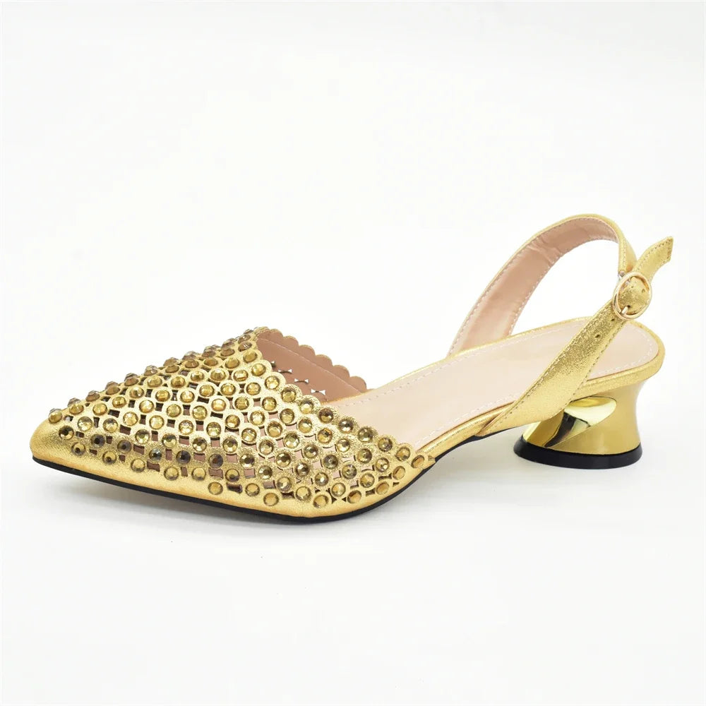 New Fashion Gold Color Shoes and Bags To Match Set Nigeria Party Women's Wedding Bag and Shoe Set Decorated with Rhinestone