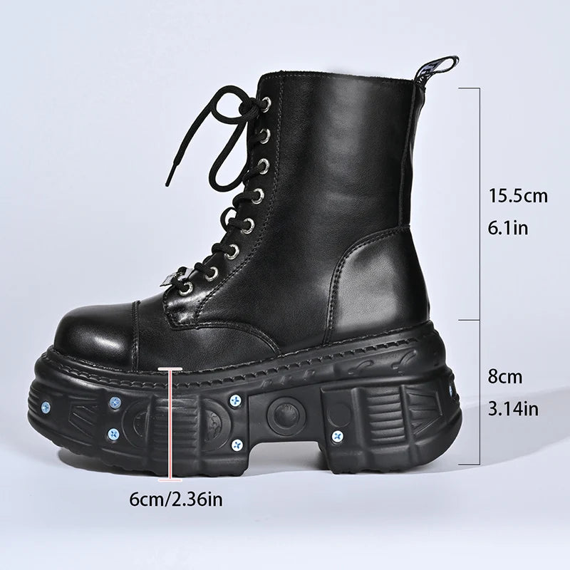 Chunky Platform Punk Ankle Boots Women Thick Bottom Metal Rivet Combat Booties Woman Autumn Winter Black PU Leather Botas Mujer