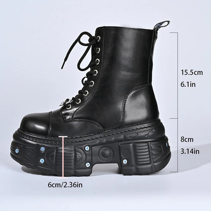 Chunky Platform Punk Ankle Boots Women Thick Bottom Metal Rivet Combat Booties Woman Autumn Winter Black PU Leather Botas Mujer