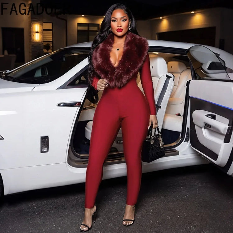 FAGADOER Women Fall Winter Bodycon Jumpsuit Faux Fur Collar Long Sleeve Deep V Neck Slim Fit Sexy Club Party One Piece Outfit