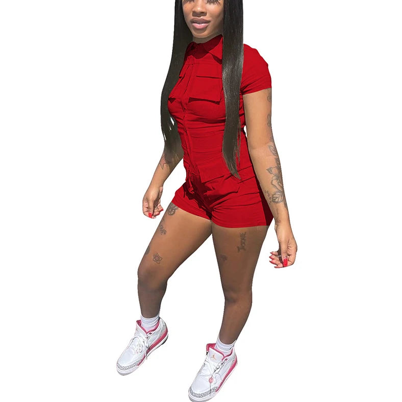 Red Jumpsuit for Woman Short Zipper V Turn Down Short Sleeve Overall Jumpsuit Shorts Casual Pockets Bodycon Rompers 2XL